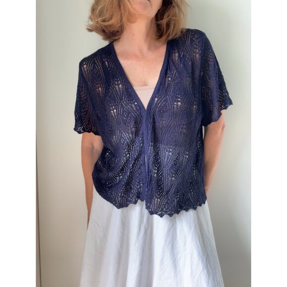 90s Crochet Cardigan Knit Top Blue Size XL BOho Indie Vibes Layering Pieces - Picture 9 of 10